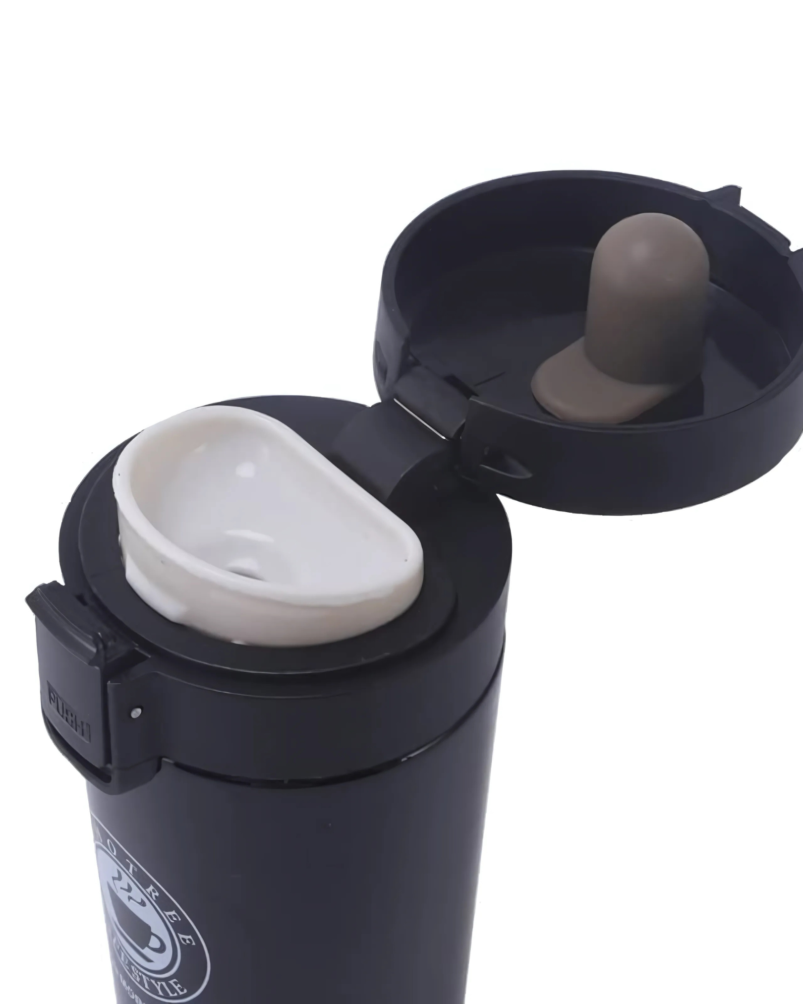 Black water bottle with lid and straw on white background