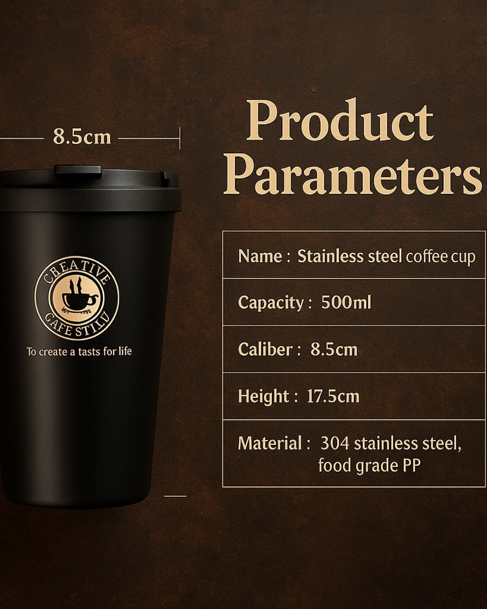 Stainless steel coffee cup with product parameters on a dark background