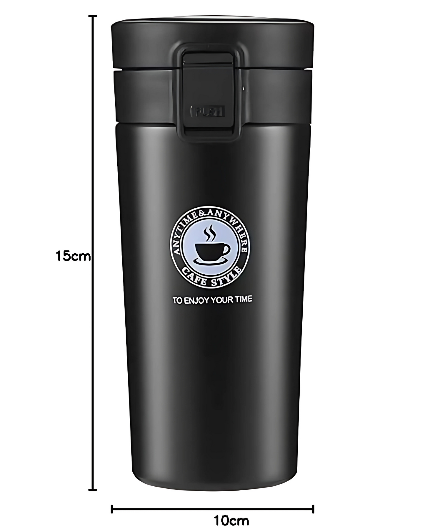 Black travel mug with logo and measurements on a white background