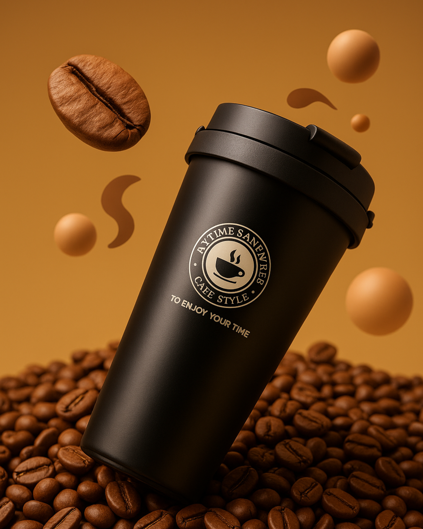 Black coffee tumbler with coffee beans and logo on a warm gradient background