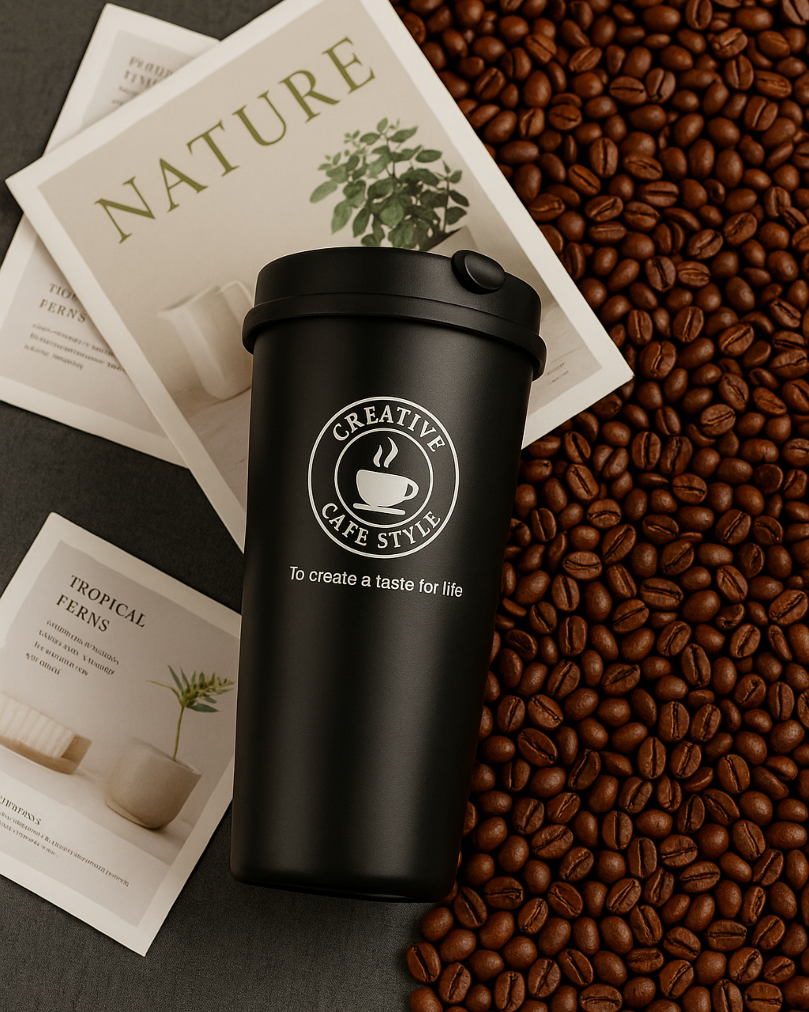 Black tumbler with logo on coffee beans and magazines