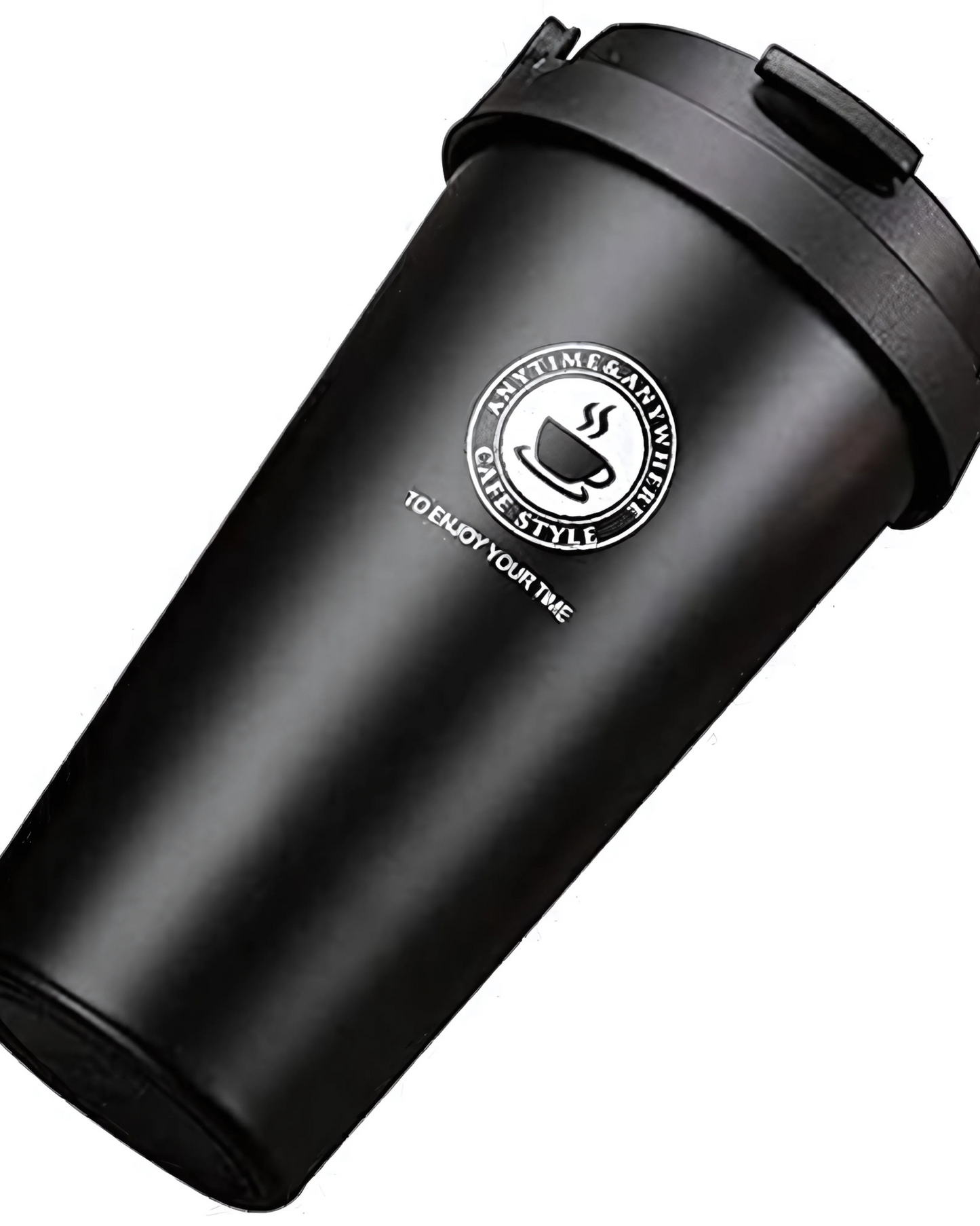 Black tumbler with logo on a white background