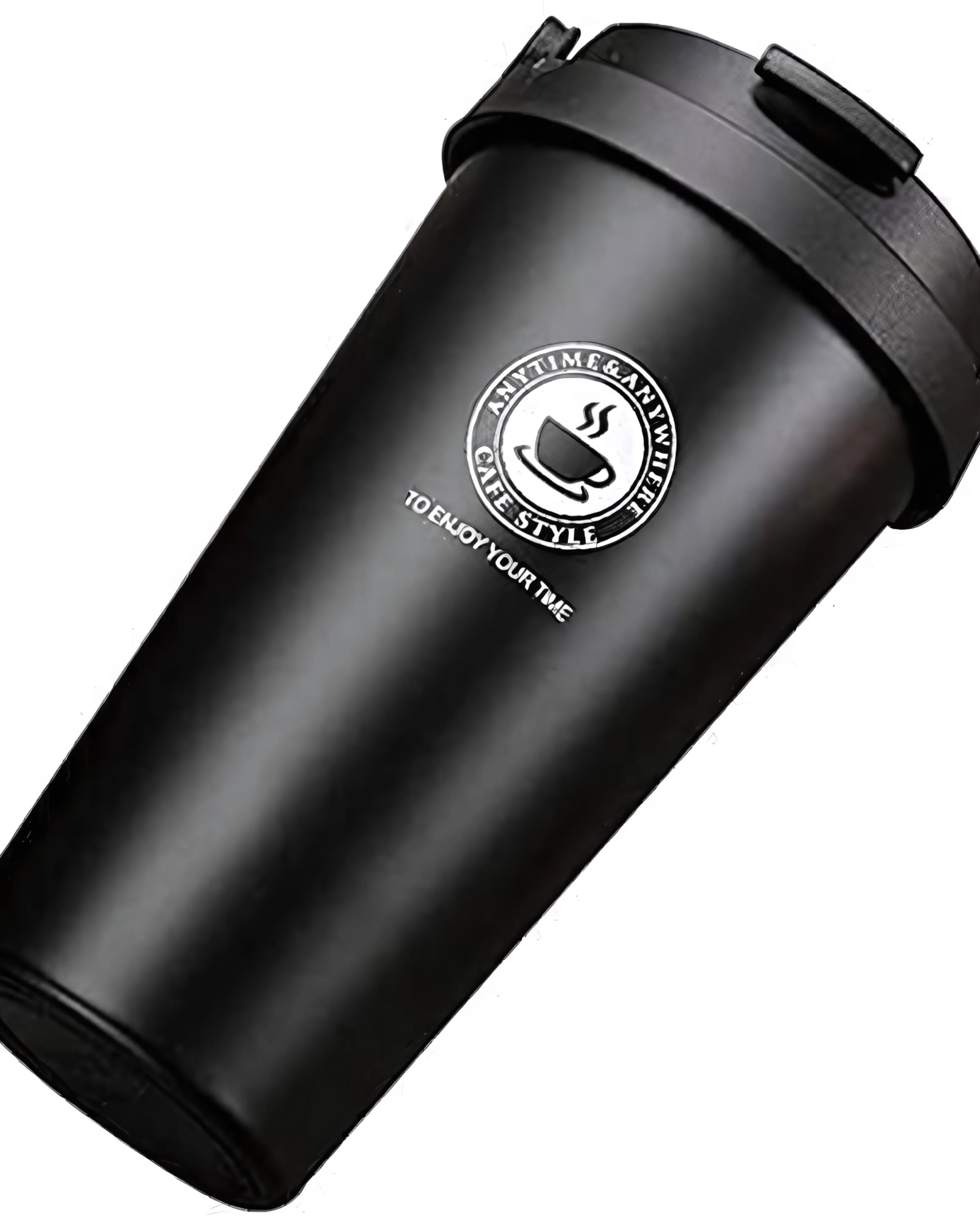 Black tumbler with logo on a white background