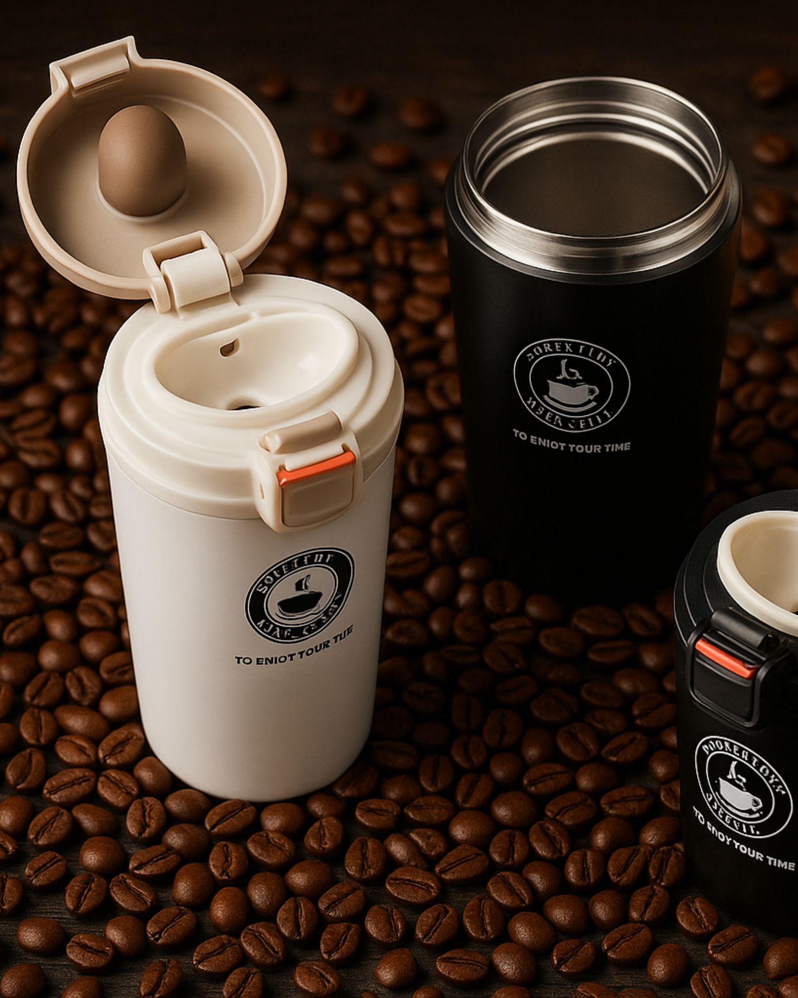 Two insulated coffee cups on a background of coffee beans.