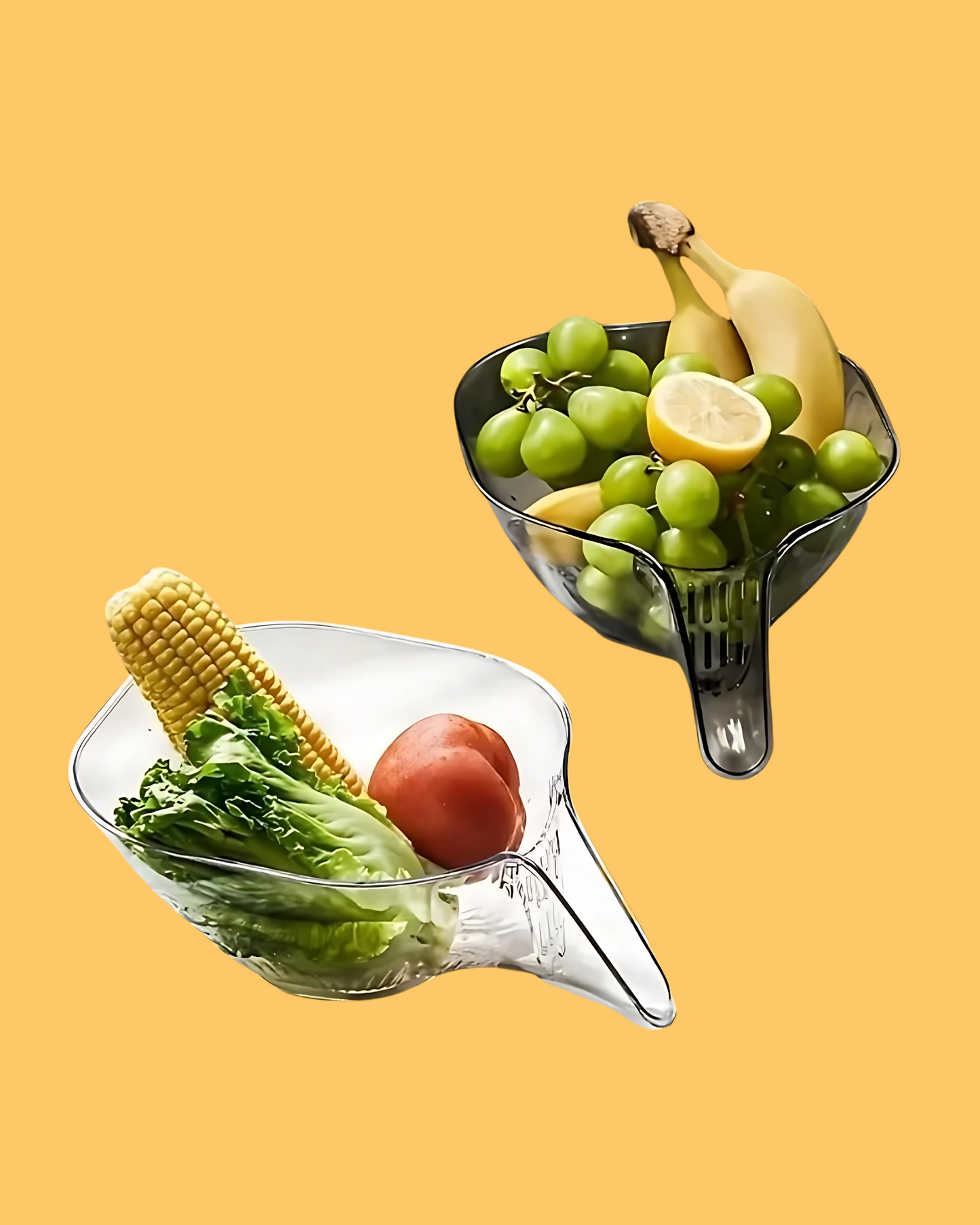 Two clear plastic drain basket funnels, one filled with fruits and vegetables like bananas, oranges, and corn on the cob, and the other with rice and a tomato. Both are placed against an orange background.