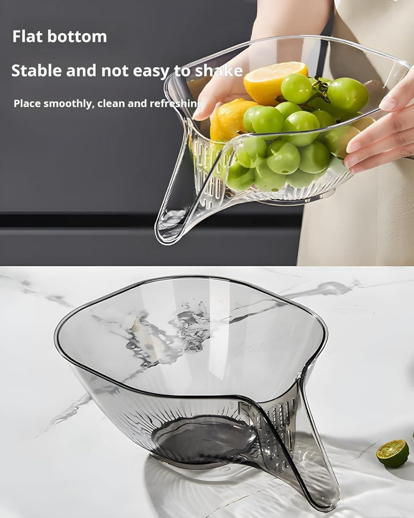 Clear fruit bowl with stable flat bottom and easy cleaning feature.