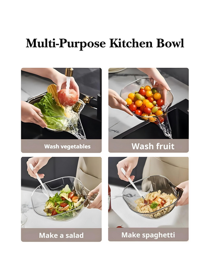 Multi-purpose kitchen bowl used for washing vegetables and fruit, making salad, and making spaghetti.