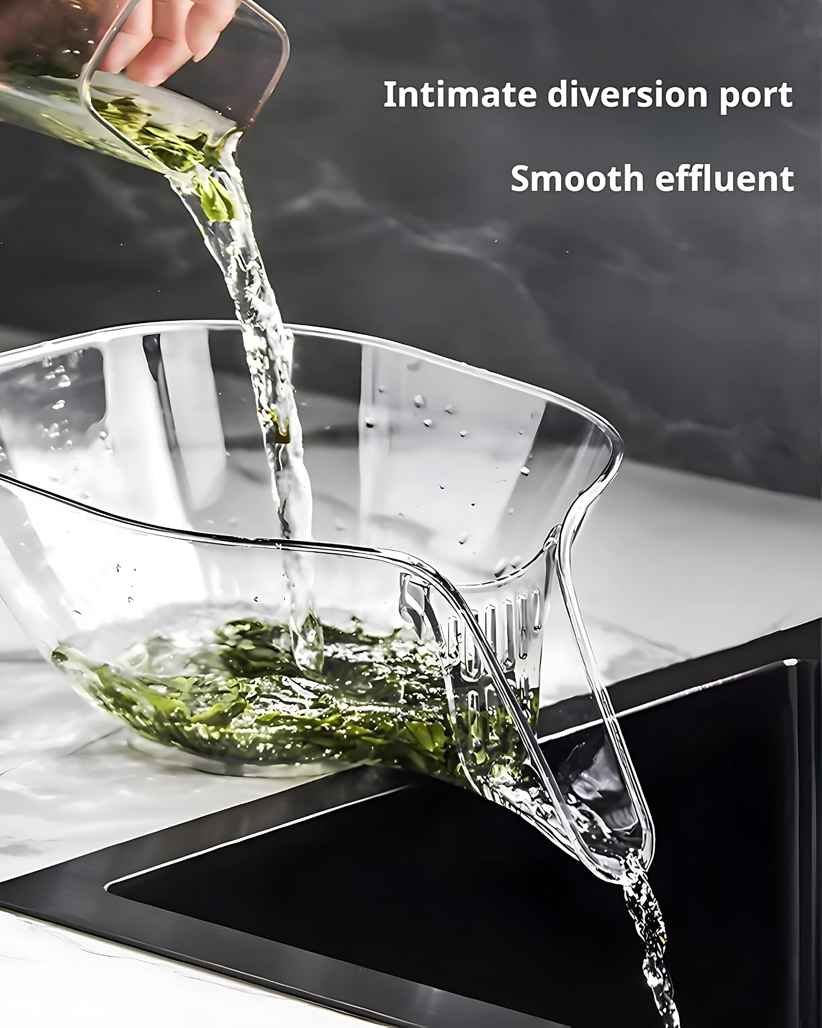 Clear pitcher pouring liquid into a sink with text overlay 'Intimate diversion port Smooth effluent'.