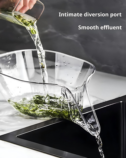 Clear pitcher pouring liquid into a sink with text overlay 'Intimate diversion port Smooth effluent'.