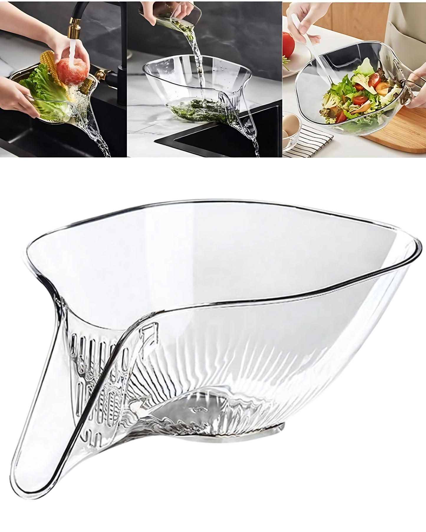 Clear plastic salad spinner with images of using it to wash and spin salad.