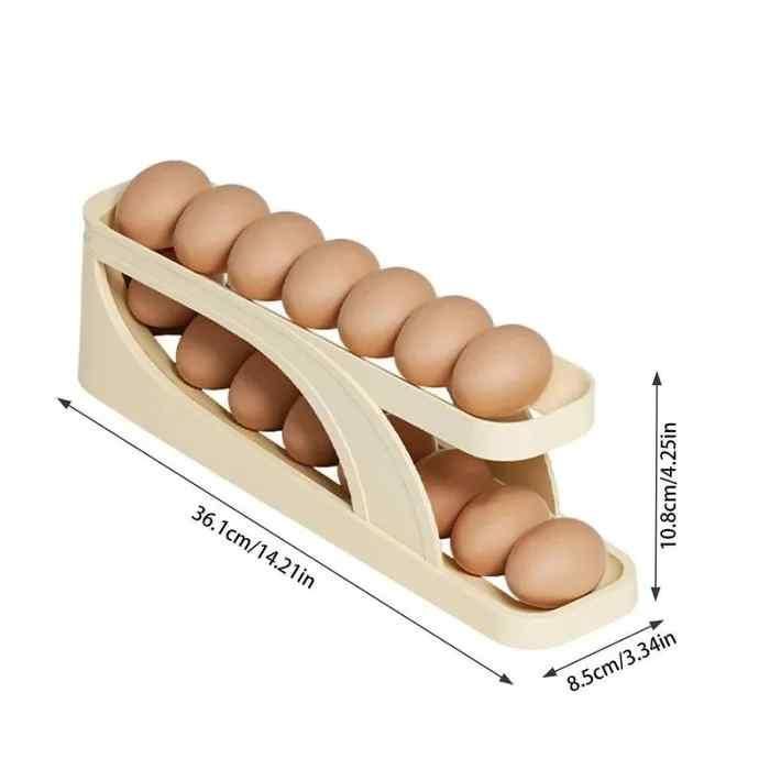 Plastic egg holder with eggs and dimensions on a white background