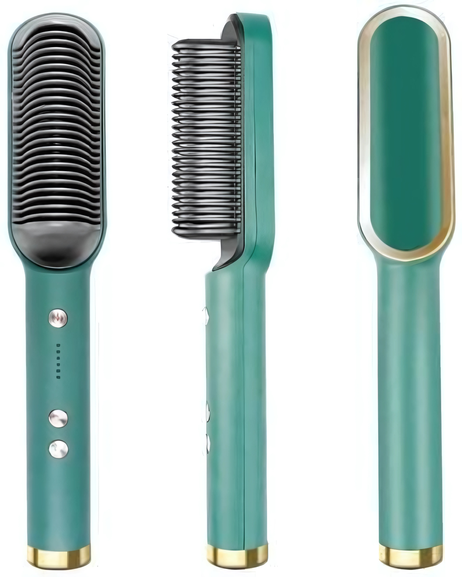 A set of three images showing a professional electric hair straightener comb brush in green with gold trim. The images display the brush from different angles, showing the front, back, and side, with temperature control buttons visible.