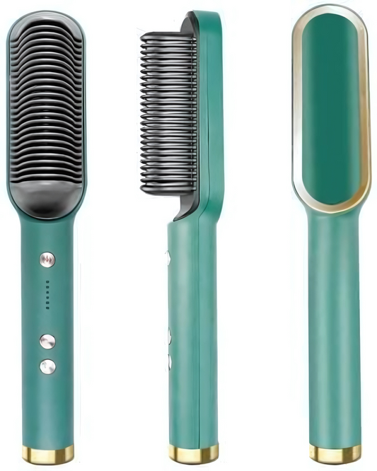 A set of three images showing a professional electric hair straightener comb brush in green with gold trim. The images display the brush from different angles, showing the front, back, and side, with temperature control buttons visible.