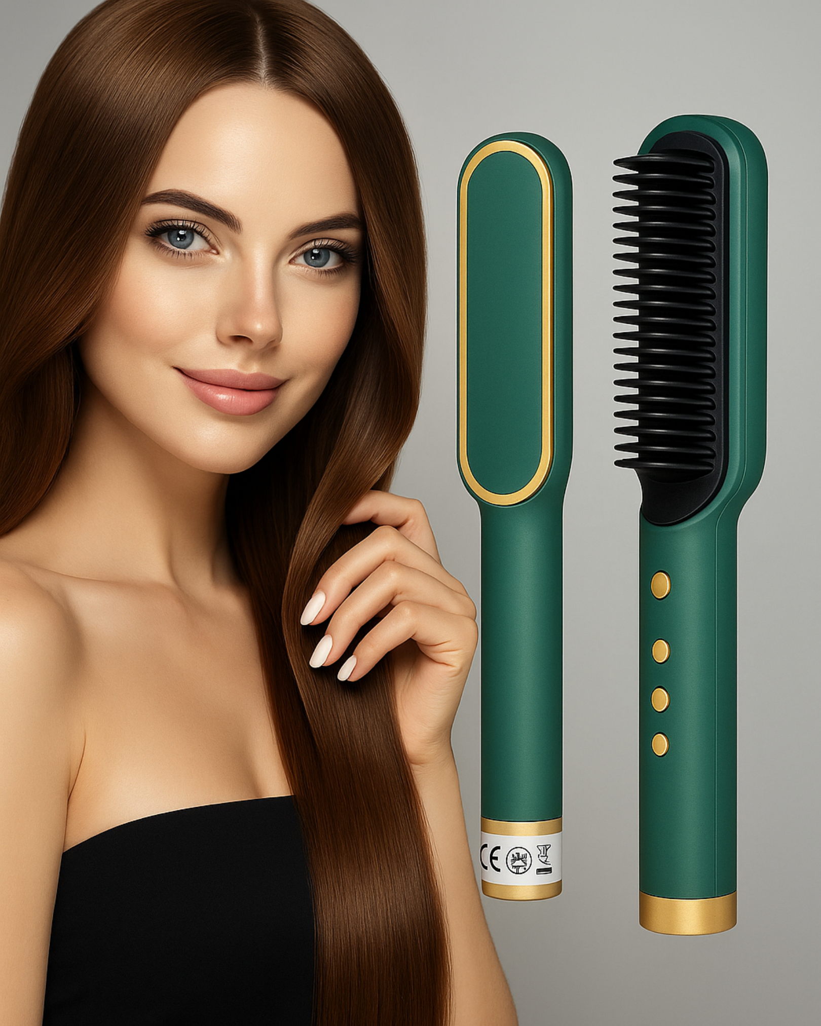 Woman with long brown hair and a green hair styling tool on a gray background