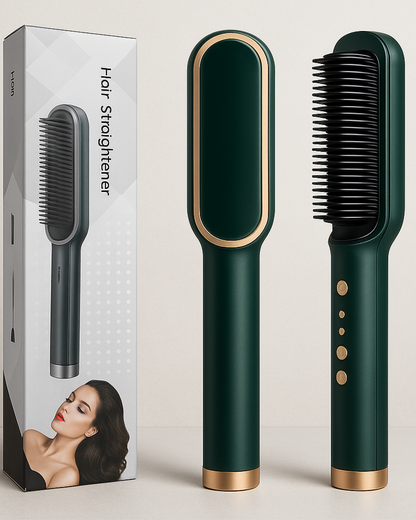 Green hair straightener with packaging on a neutral background