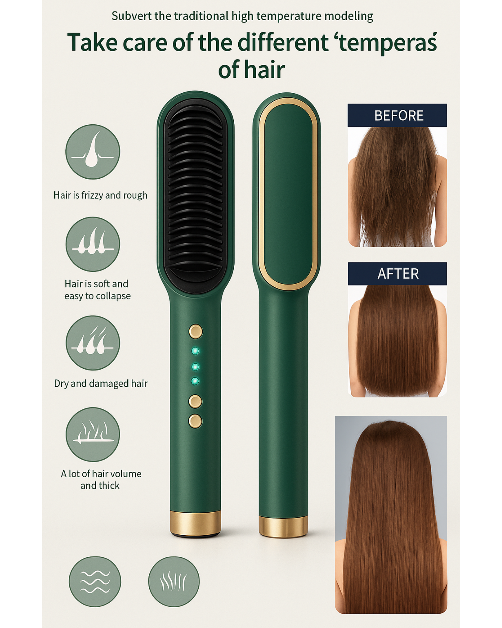 Green hair styling tool with before and after hair images.