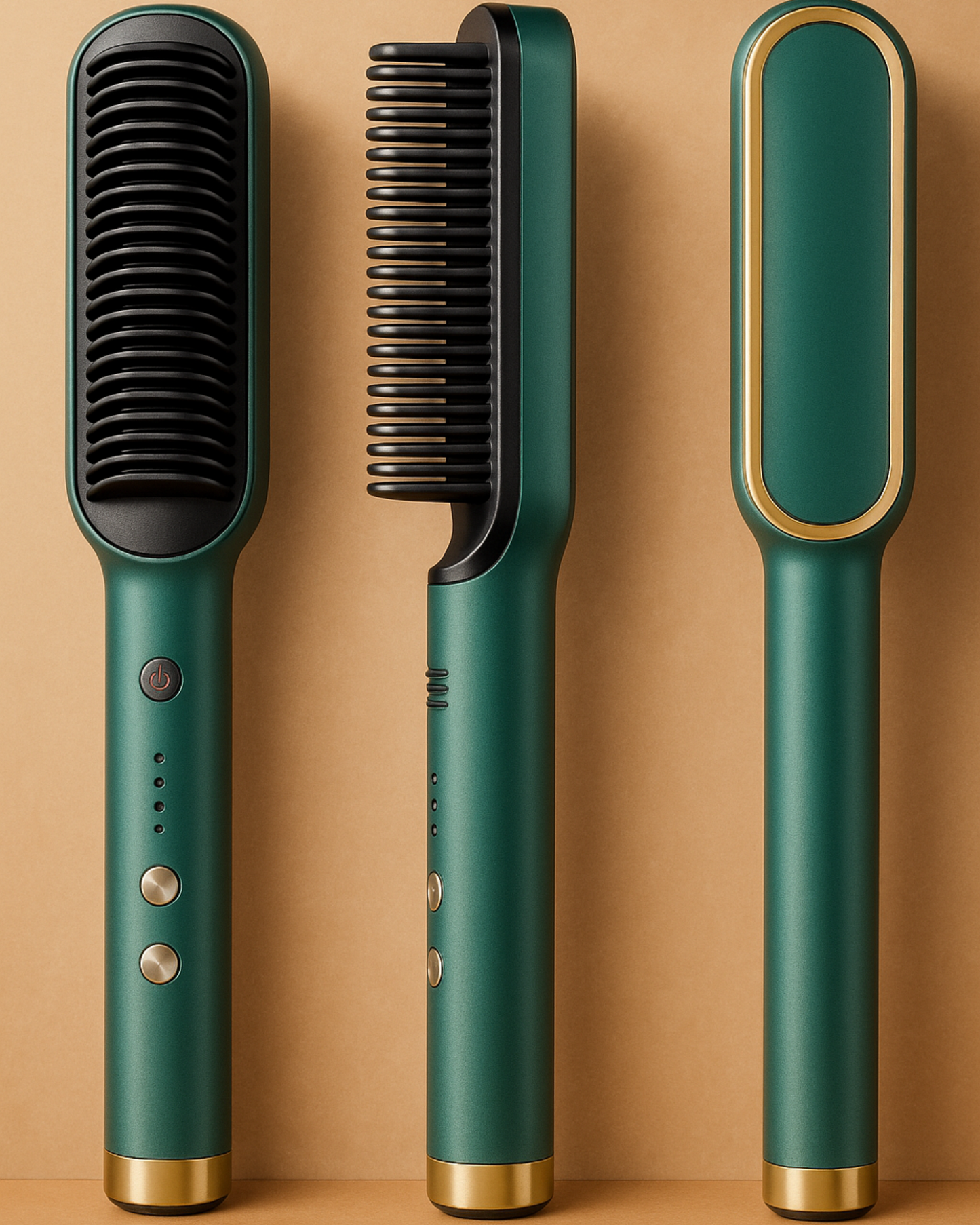 Three green hair styling tools on a brown background