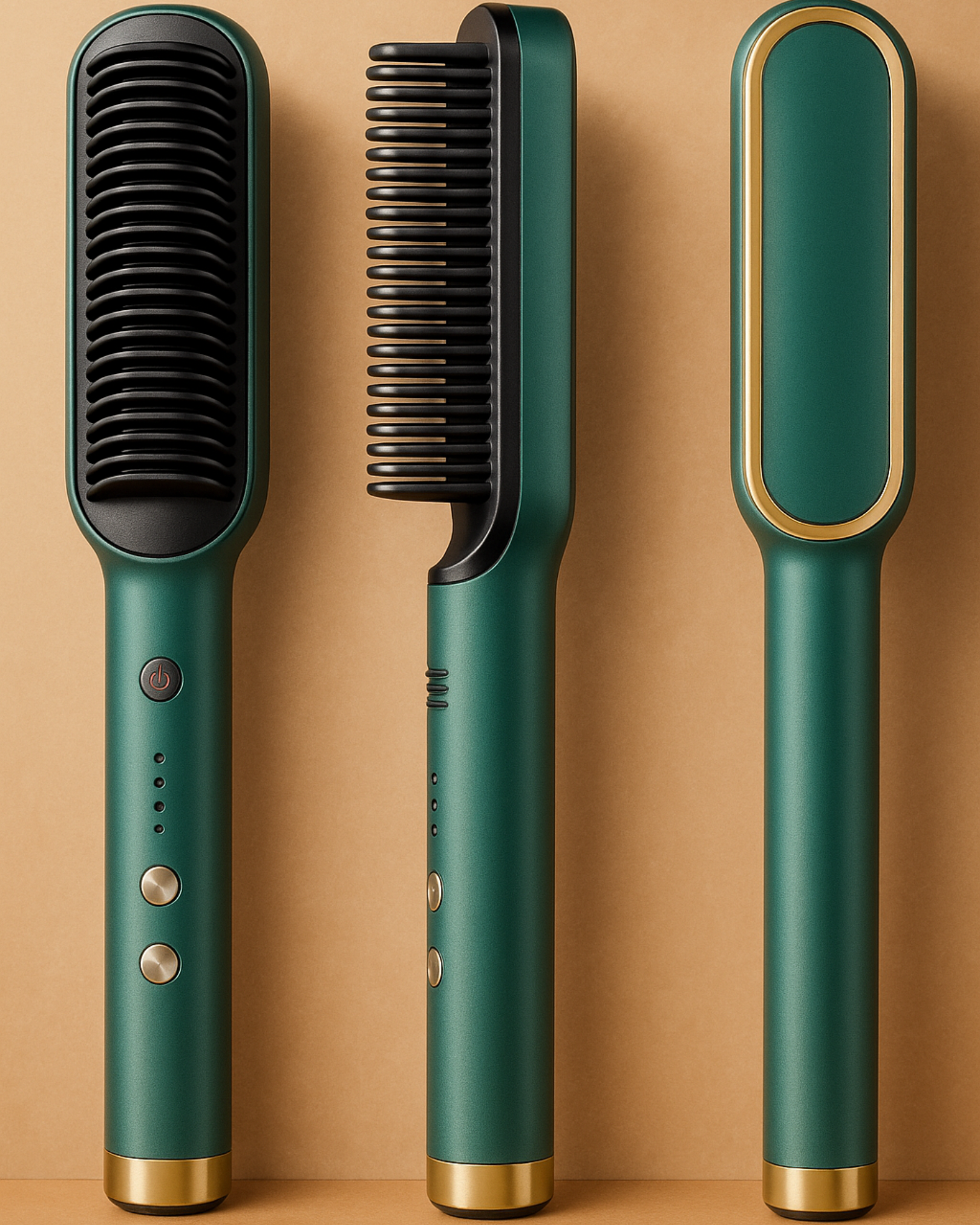 Three green hair styling tools on a brown background
