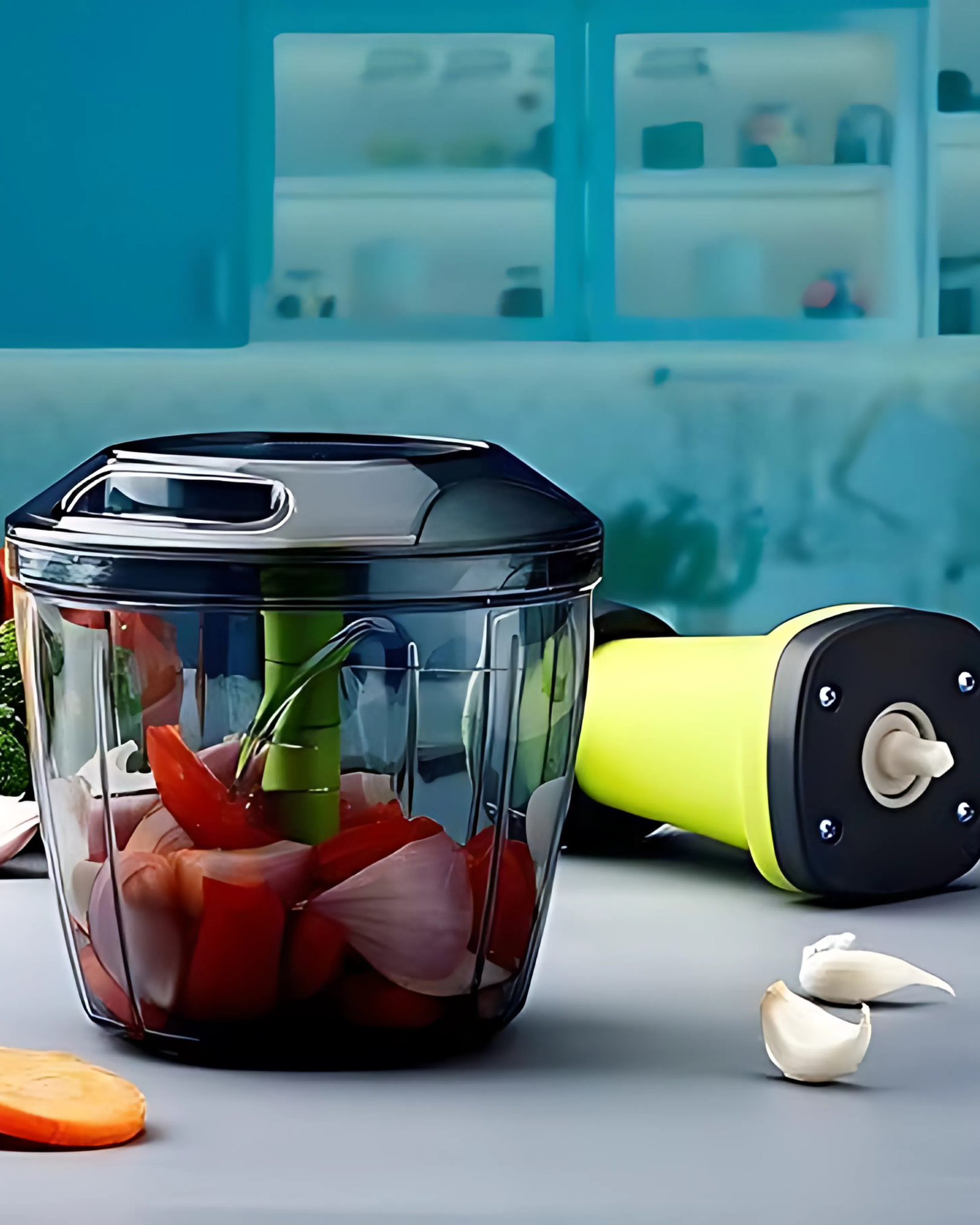 Kitchen chopper with vegetables on a kitchen counter.