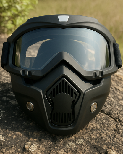 A black goggle mask with anti-scratch UV protection, featuring a windproof face shield and an adjustable strap, designed for outdoor sports and riding.