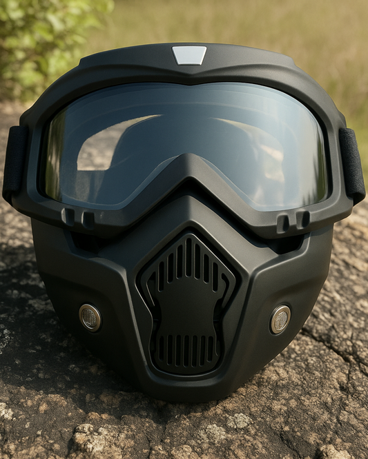 A black goggle mask with anti-scratch UV protection, featuring a windproof face shield and an adjustable strap, designed for outdoor sports and riding.