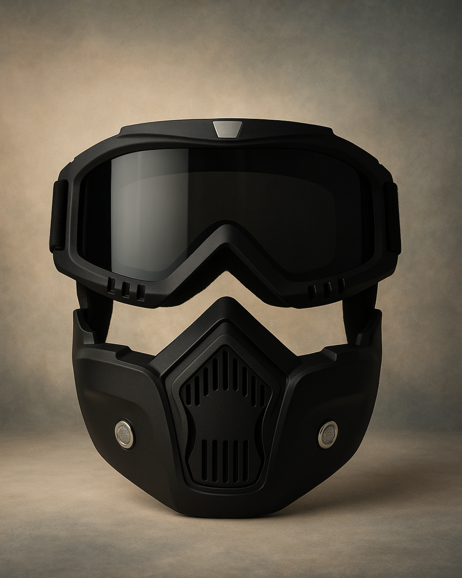 Black protective helmet with goggles on a neutral background