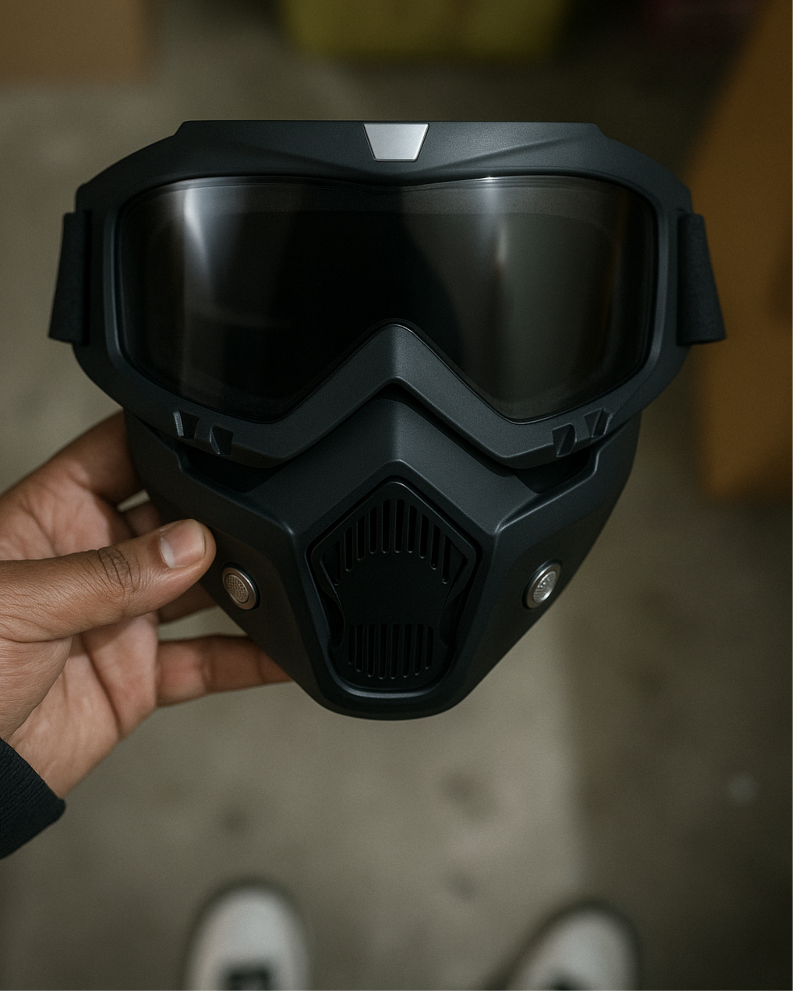 Black motorcycle helmet held by a hand with a blurred background.