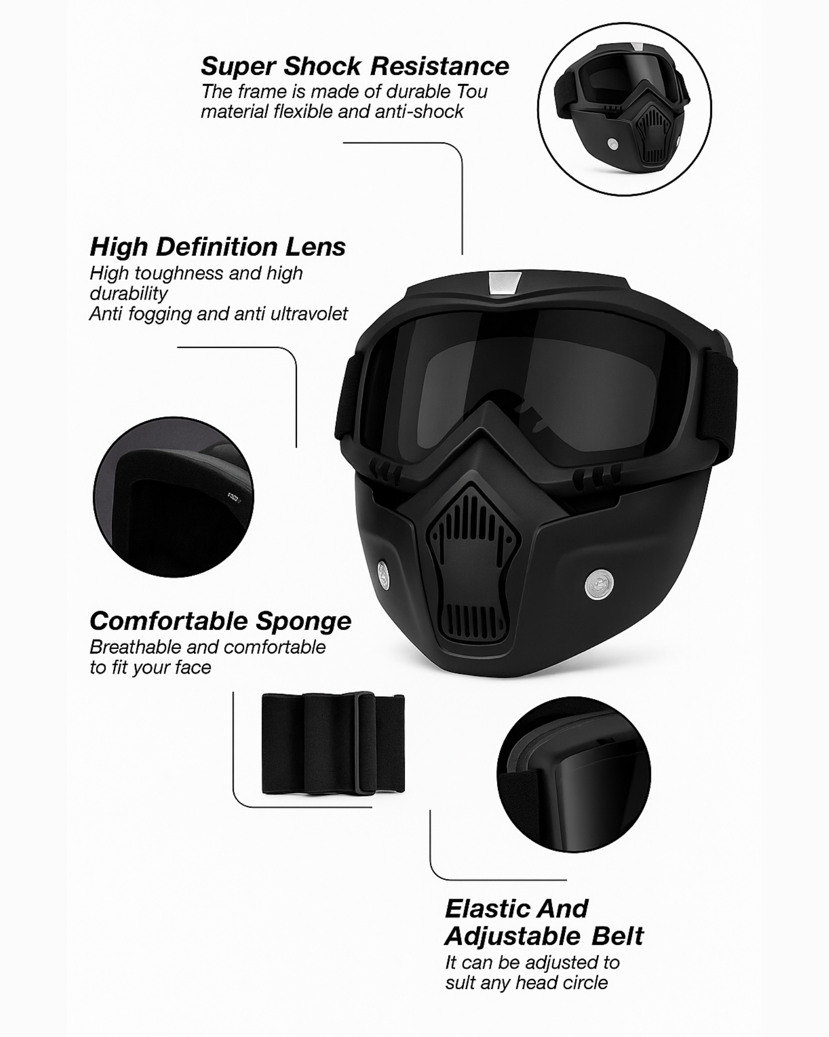 Black motorcycle helmet with feature highlights on a white background