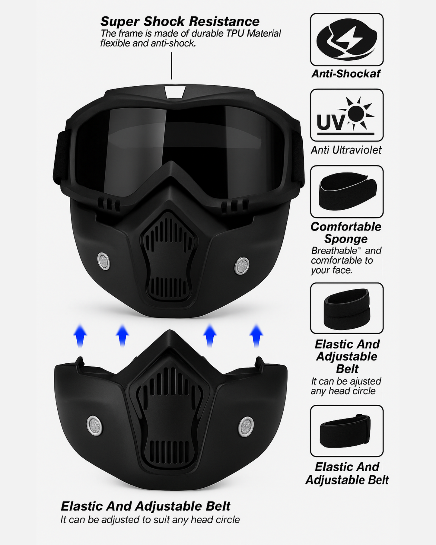 Black protective mask with features highlighted on a white background