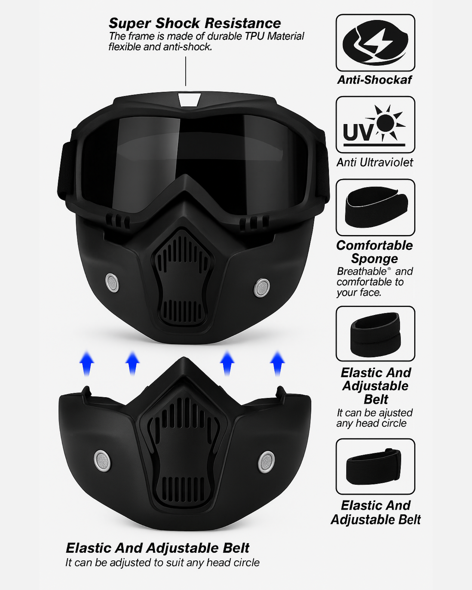 Black protective mask with features highlighted on a white background