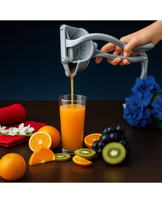 Hand using a manual juicer to extract juice into a glass with fruits on a wooden table.