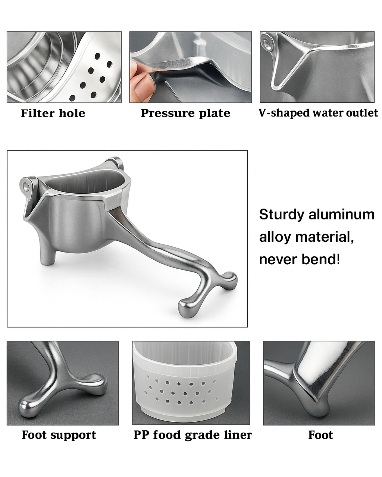 Stainless steel manual juicer with various parts labeled and a claim of sturdy material.