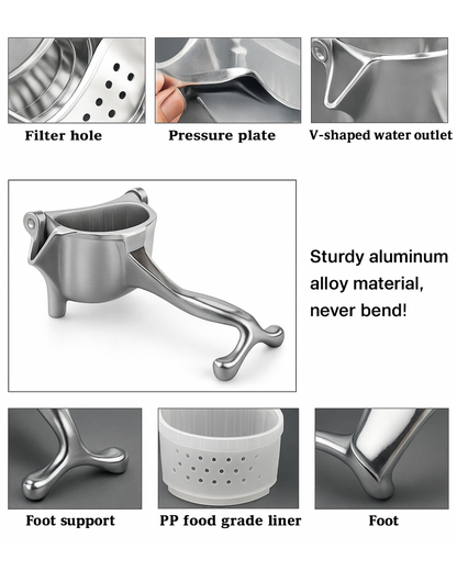Stainless steel manual juicer with various parts labeled and a claim of sturdy material.