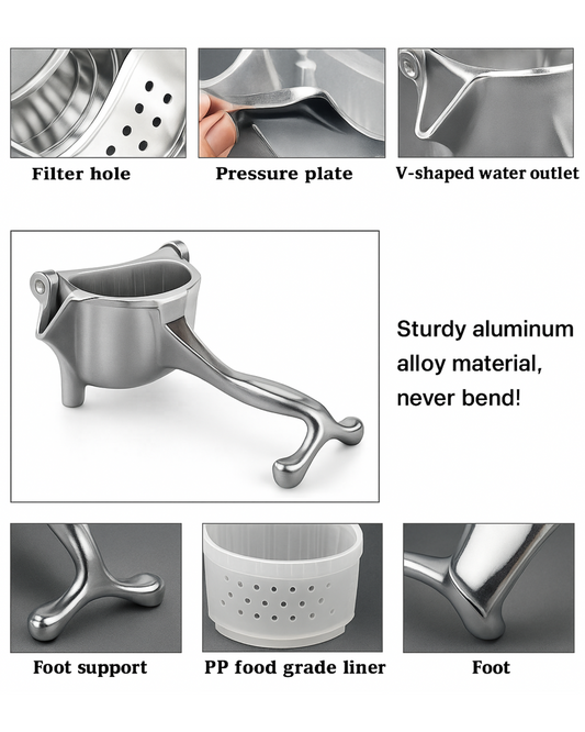 Stainless steel manual juicer with various parts labeled and a claim of sturdy material.