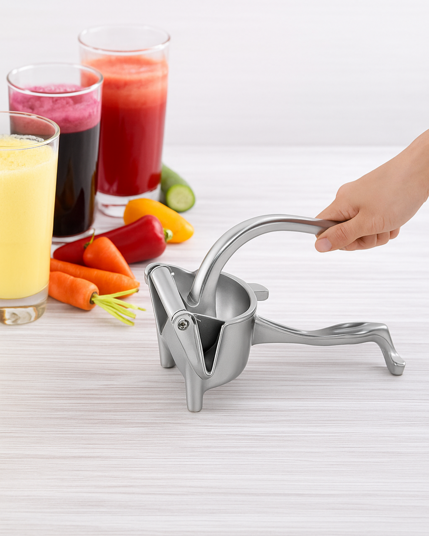 Manual juicer on a white surface with glasses of juice and vegetables in the background
