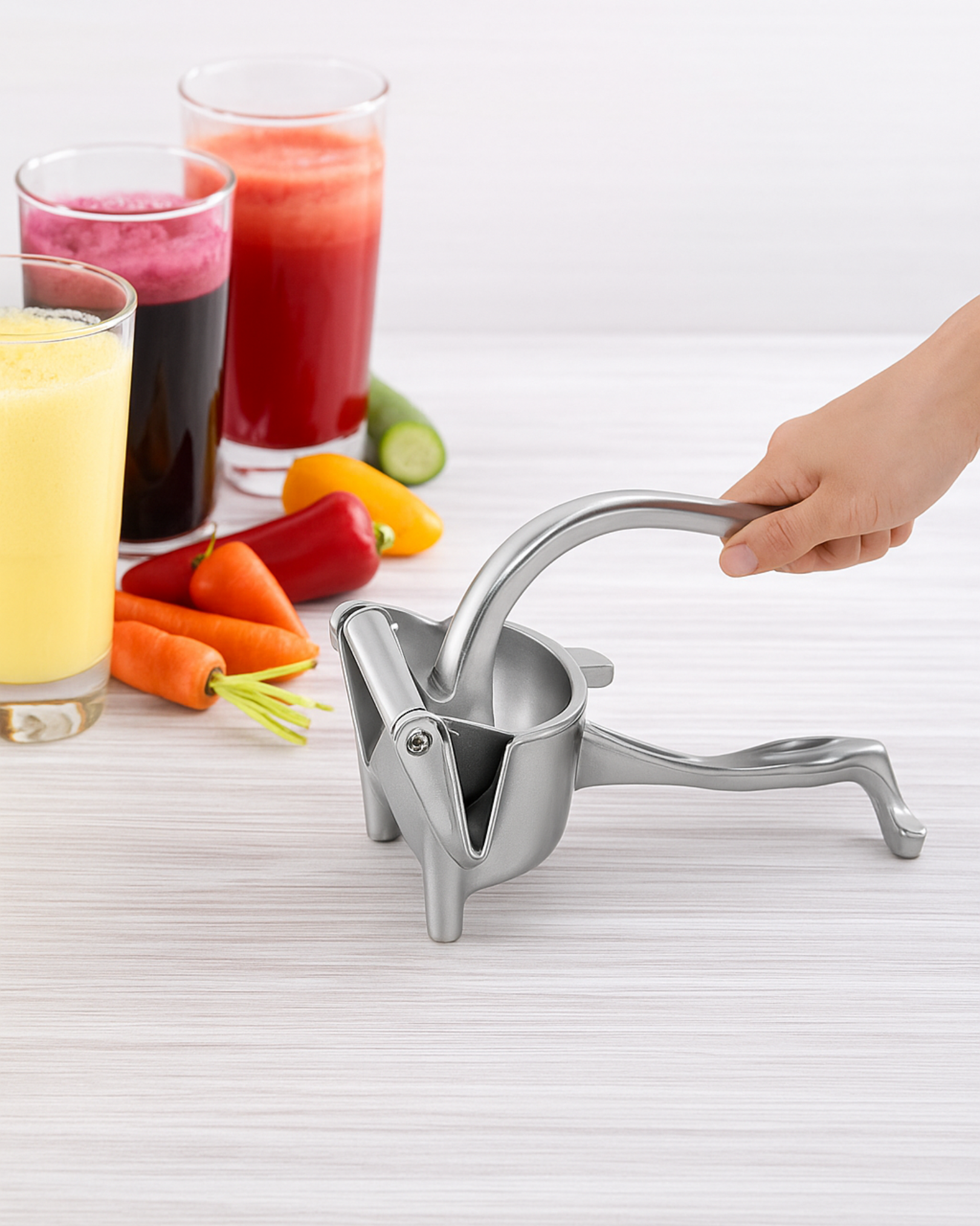 Manual juicer on a white surface with glasses of juice and vegetables in the background