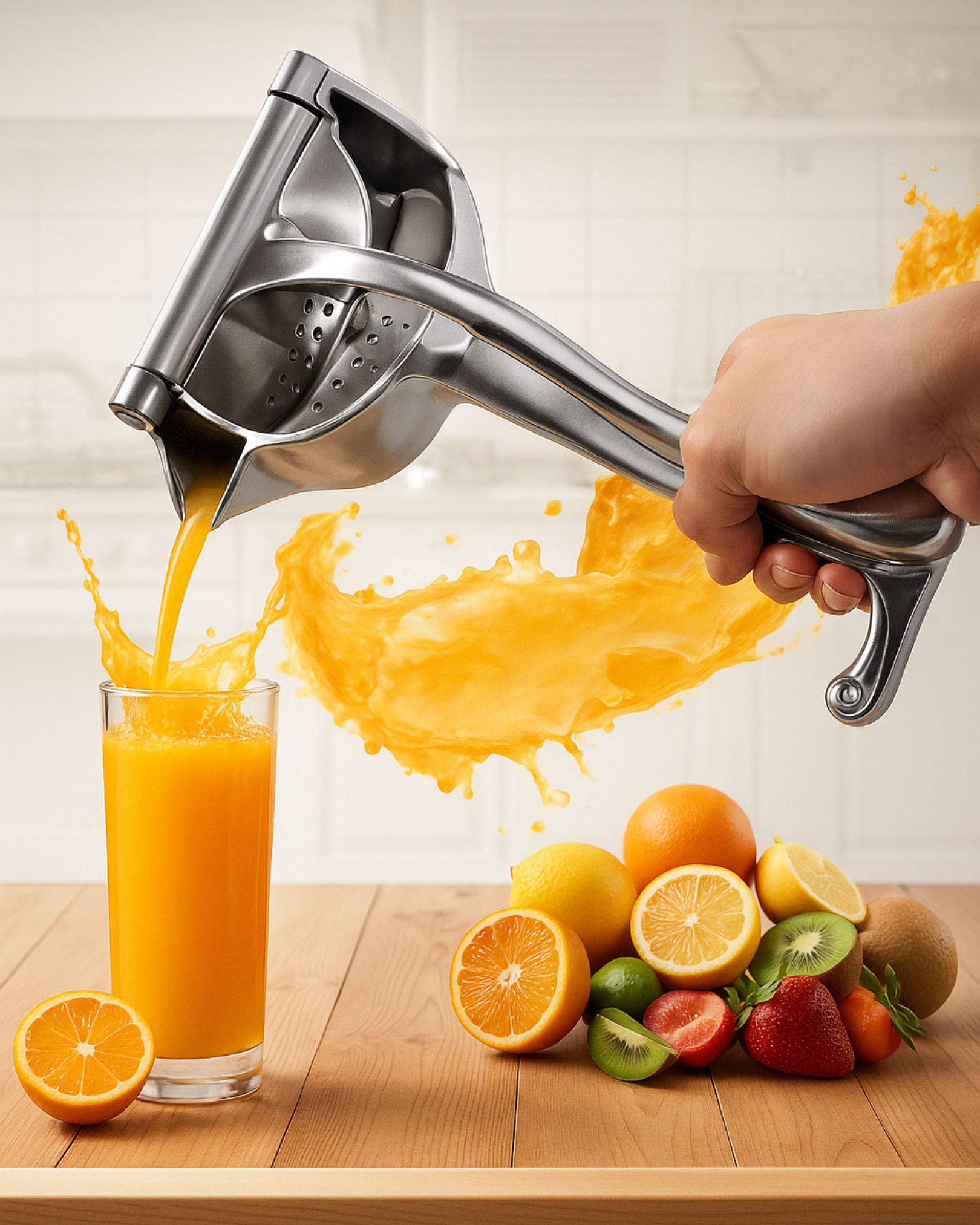 Hand using a manual juicer to extract orange juice with a glass of juice and fruits on a wooden table.