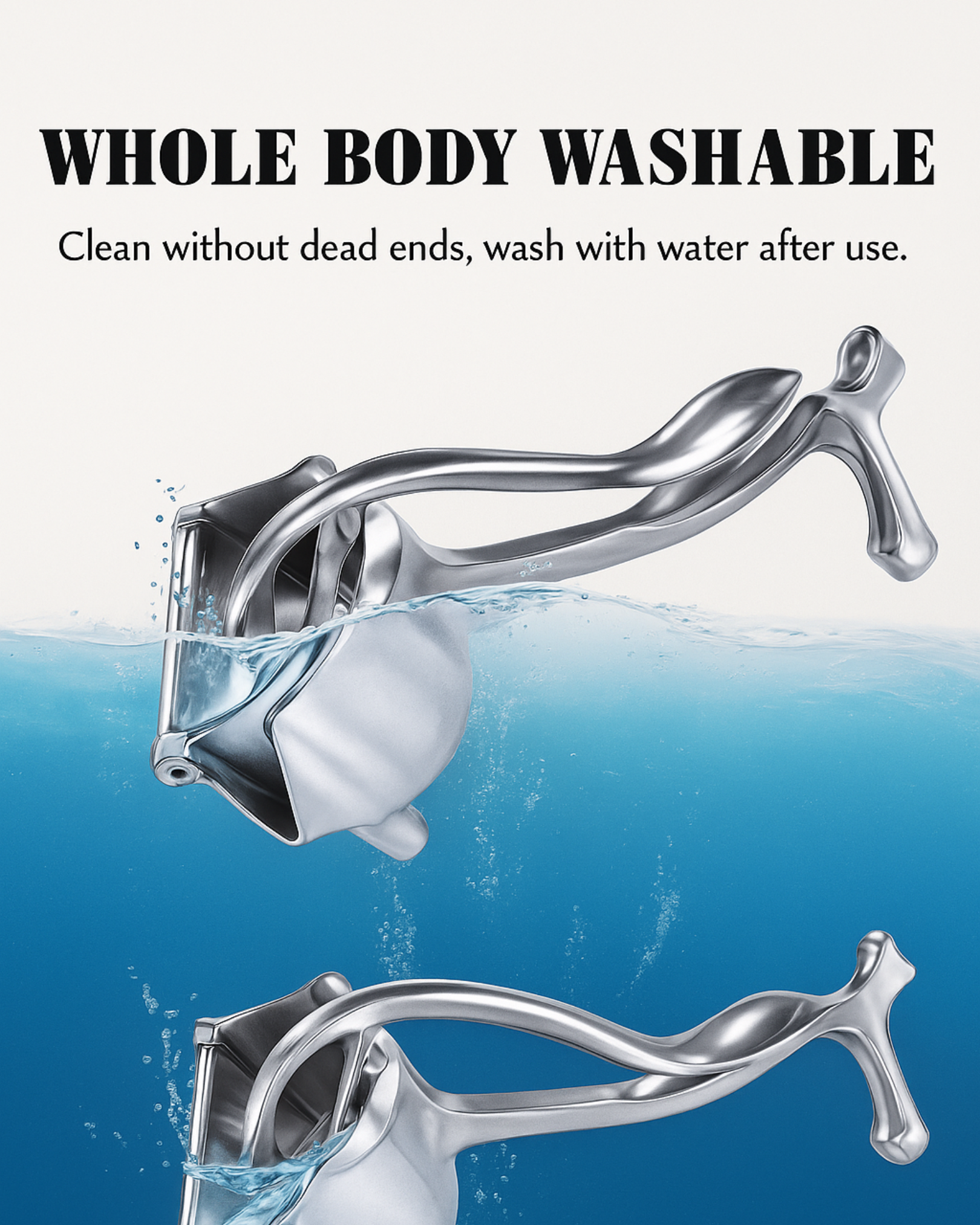 Metallic shower head with water flow and text about washability on a blue and white background