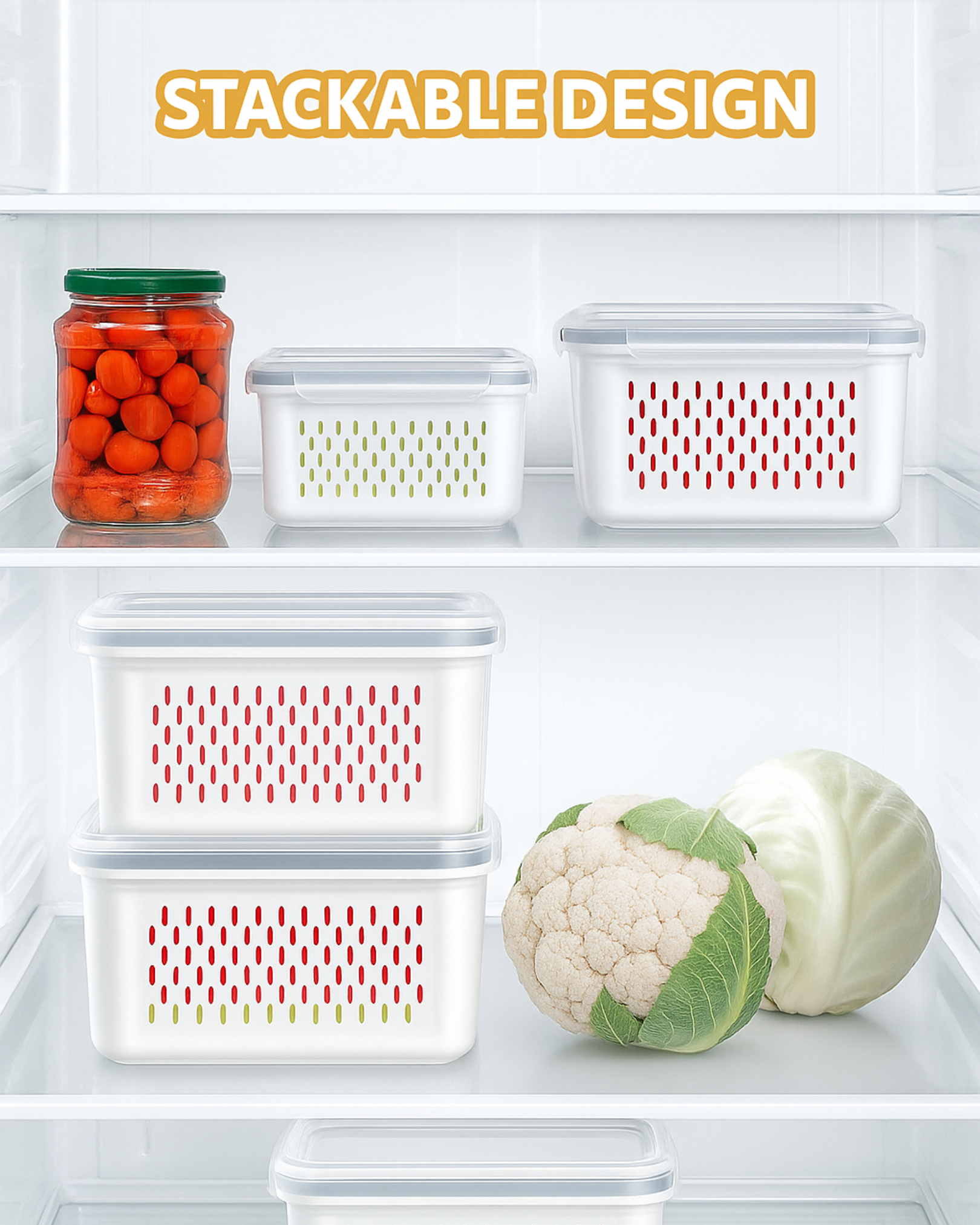 Stackable storage containers in a refrigerator with cauliflower and carrots.
