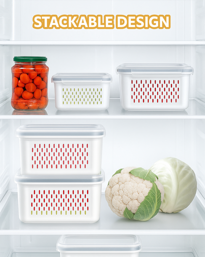 Stackable storage containers in a refrigerator with cauliflower and carrots.