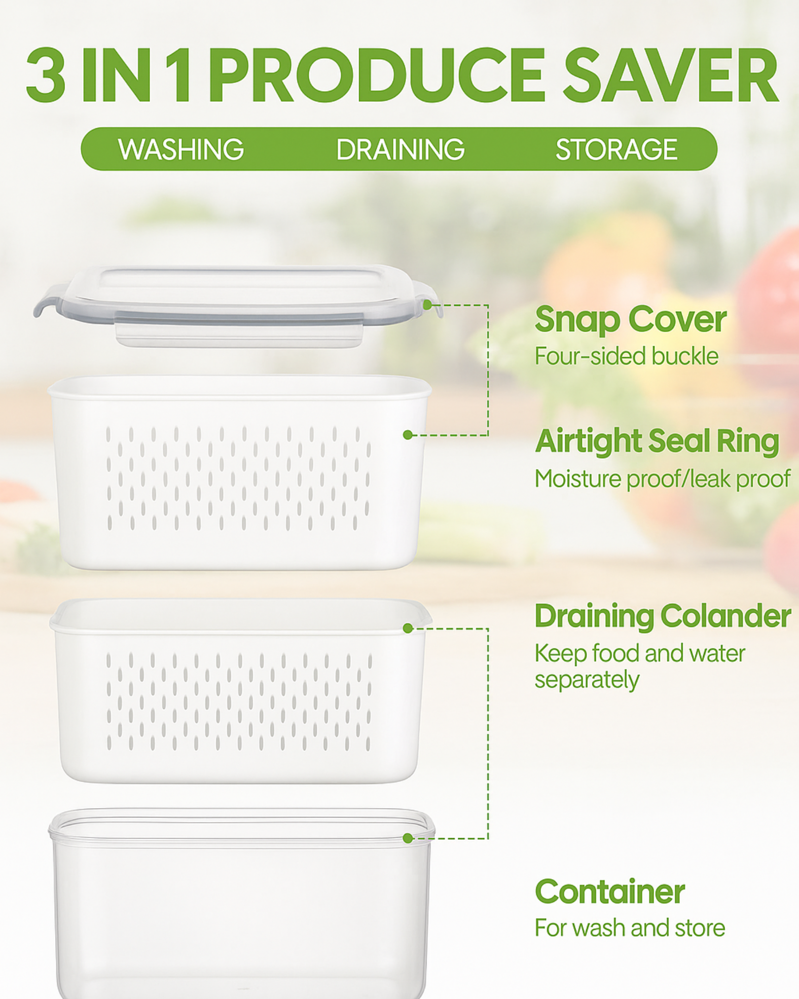 3-in-1 produce saver with washing, draining, and storage functions on a blurred background of fruits and vegetables.