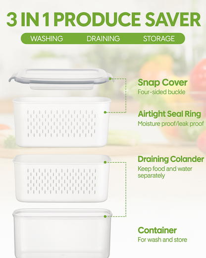 3-in-1 produce saver with washing, draining, and storage functions on a blurred background of fruits and vegetables.