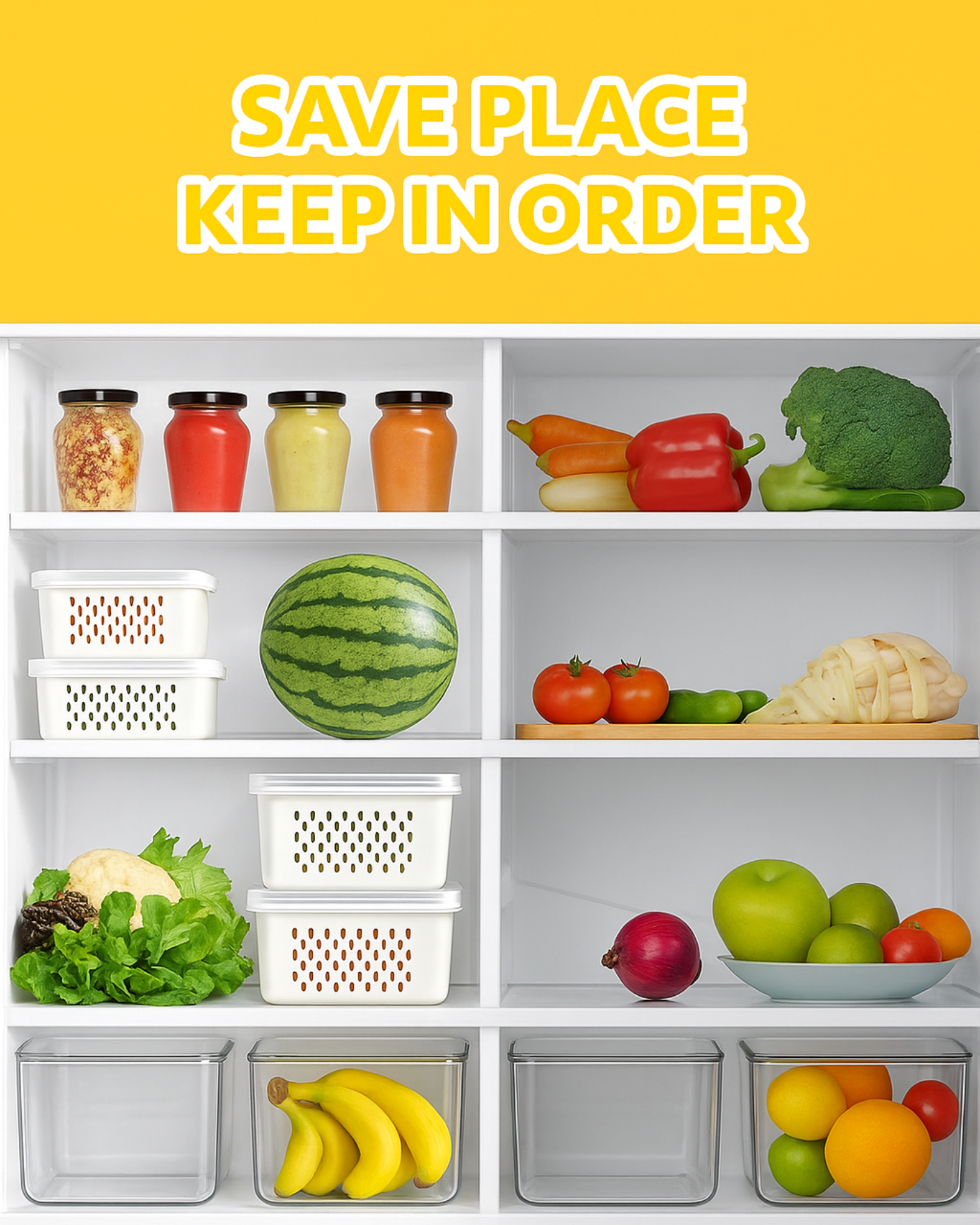 Fridge shelves with organized food items and text 'Save place, keep in order' on a yellow background