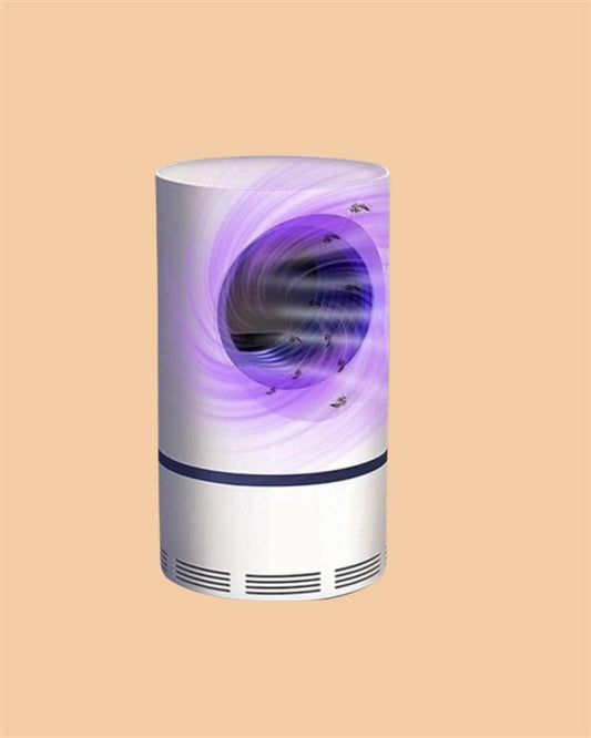 White cylindrical device with purple light on a beige background
