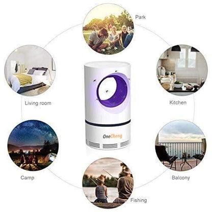 OneCheng air purifier with usage scenarios including living room, park, kitchen, camp, and balcony.