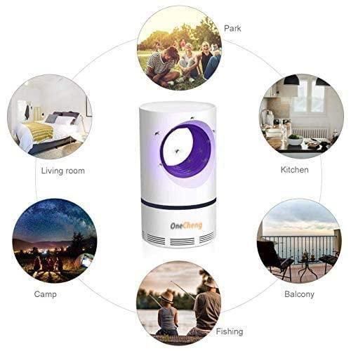 OneCheng air purifier with usage scenarios including living room, park, kitchen, camp, and balcony.