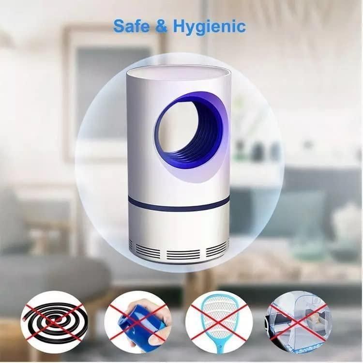 Air purifier with 'Safe & Hygienic' text and icons indicating its benefits.