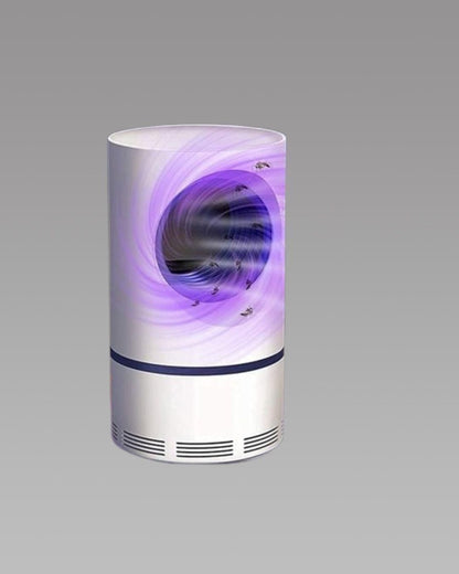 White cylindrical device with purple light on a gray background