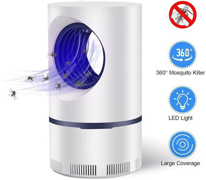 Mosquito killer device with blue light and icons indicating features on a white background