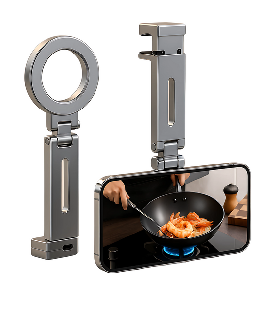 Phone holder with a smartphone displaying a cooking scene, on a white background